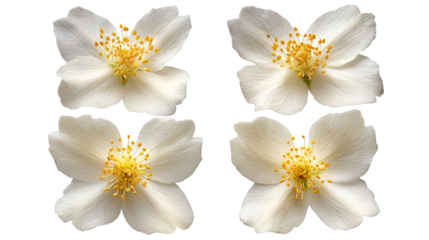 Four Delicate White Jasmine Flowers with Yellow Centers