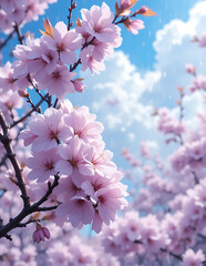 Pink cherry blossoms drenched in rain, showcasing delicate petals glistening with droplets against a soft gray background.