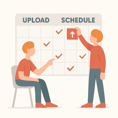 Flat Illustration of Two People Planning an Upload Schedule Calendar