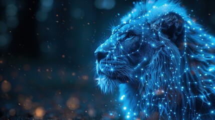 Glowing blue digital lion head technology with background dark