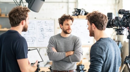 Film crew discussing project creative meeting video production