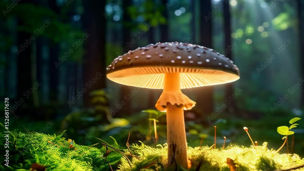 Poster amanita mushroom on green moss in a dark forest with sun rays shining through the canopy creating a 