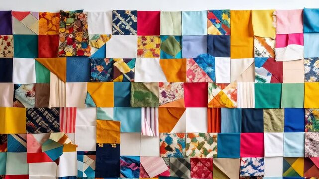 Artisanal textile patchwork of vibrant colors and varying textures arranged in a grid pattern to create a wall hanging