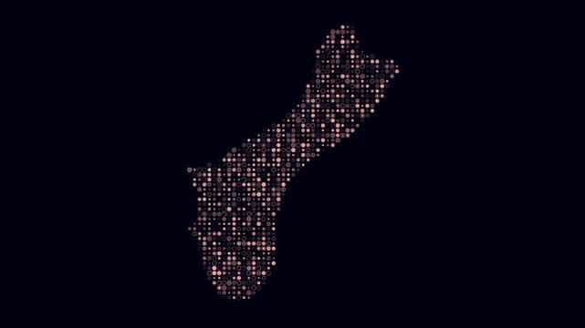 Guam dotted animation. Shape of the country built of pulsating colored dots. Small size circle blocks. Digital style map on dark background. Plain video.