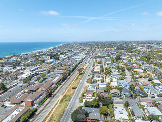 Aerial view of wealthy Encinitas town with blue ocean in San Diego, South California, USA. 