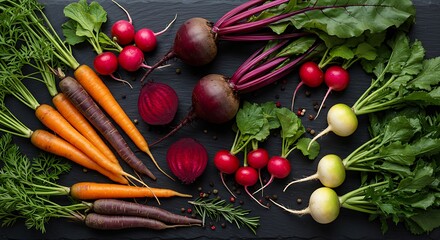 Vibrant Assortment of Fresh Root Vegetables Carrots, Beets, and Radishes