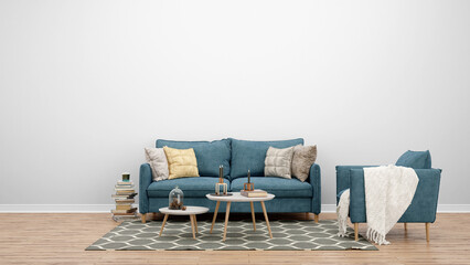 In a cozy living room, there is a blue couch, a chair, and a rug