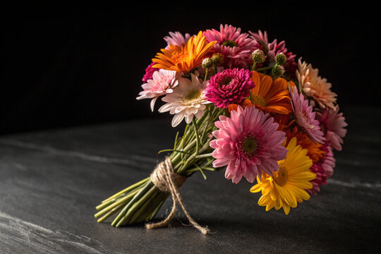 Bouquet of flowers on blck background.
Image of gift or present. Gifts. Celebration. Gratitude. Celebrate.