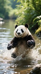 Fototapeta premium A playful panda bear joyfully splashing through a serene river, its adorable expression capturing the delight of a refreshing swim in the wild .