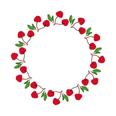 Round floral wreath with two cherries on branch. Summer frame of berries and leaves on twig. Decoration element for cards and seasonal decor. Vector flat illustration.