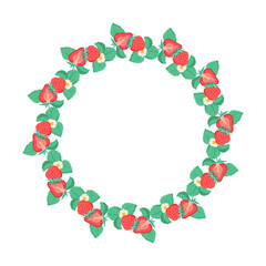Summer floral wreath with strawberries and their foliage. Round frame of berries, leaves and white flowers. Decoration element for cards and seasonal decor. Vector flat illustration.