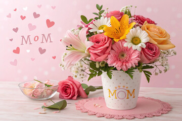 Bouquet of flowers on pink background.
Image of gift or present. Gifts. Celebration. Gratitude. Celebrate.