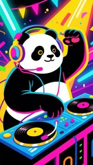 Cartoon panda DJ mixing music with colorful headphones and turntable on a vibrant, neon-lit stage, perfect for party and celebration themes and events .