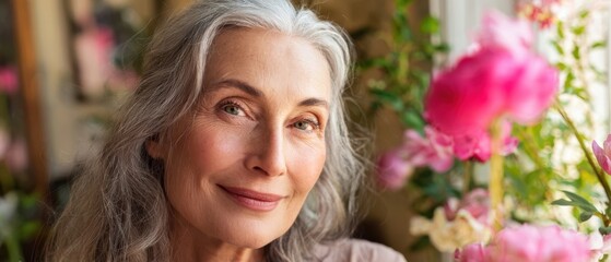 The serene woman smiling amidst beautiful blooming flowers indoors.