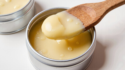 Natural beeswax balm in tin with wooden spoon for skincare  