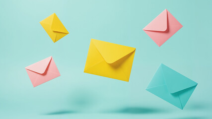 Colorful Email Envelopes - Yellow, Pink and Blue Paper Message Icons on Pastel Background for Digital Marketing, Newsletter Templates, and Promotional Email Campaign Designs