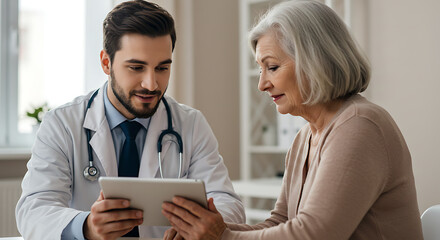 Compassionate Doctor Explaining Health Data to Senior Woman on Digital Tablet