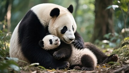 Fototapeta premium A heartwarming scene of a mother panda tenderly embracing her adorable cub in a lush forest setting, showcasing the beauty of wildlife and the bond between parent and child .