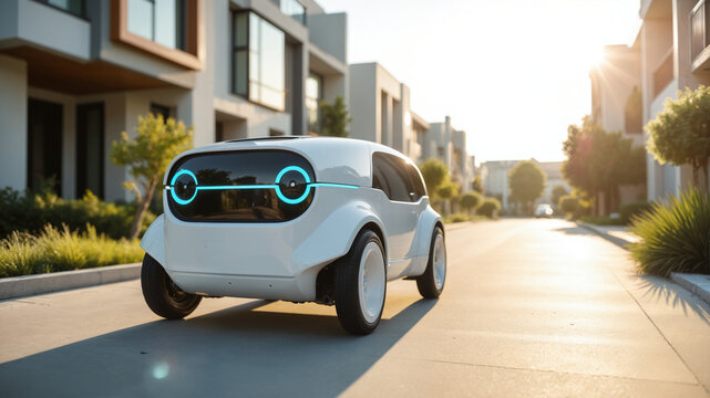 Autonomous Delivery Robot – Sleek White Courier Transport with Digital Interface for Last-Mile Delivery Solutions, Logistics Innovation, and Route Optimization Applications