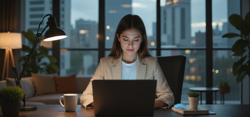 Young Woman Shopping Online – Professional Female Using Laptop in Evening Setting for E-Commerce, Digital Marketing, and Online Shopping Content