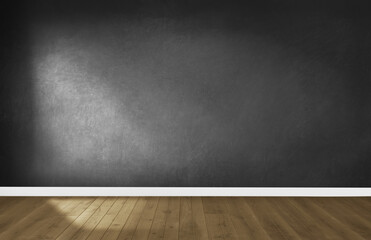 A dimly lit dark room featuring a rustic wooden floor and a black wall