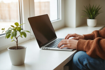 Digital Shopping Experience – Person Using Laptop for Online Purchases with Window View for E-commerce Websites, Virtual Marketplaces, and Online Shopping Promotions