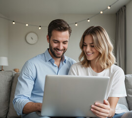 Happy Couple Shopping Online – Smiling Man and Woman Using Laptop on Cozy Sofa for E-Commerce, Digital Purchases, and Online Shopping From Home Convenience