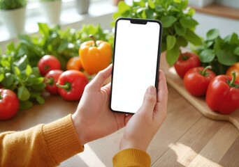 Woman Using Smartphone for Online Grocery Shopping – Hand Holding Mobile Device with Blank Screen Surrounded by Fresh Vegetables for Smartphone Online Shopping App