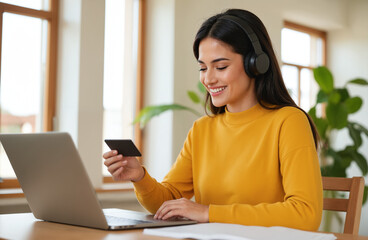 Happy Woman Shopping Online – Smiling Female with Laptop and Credit Card in Yellow Sweater for E-commerce Websites, Payment Apps, and Online Shopping Promotions
