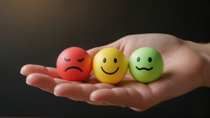 Customer Feedback Emotion Balls – Hand Holding Red, Yellow, and Green Smiley Faces for Online Shopping Experience, Customer Satisfaction Surveys, and E-Commerce Feedback Systems