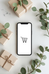 Smartphone Displaying Shopping Cart Icon – Minimalist E-commerce Application Interface with Gift Boxes for Virtual Shopping Basket Marketing