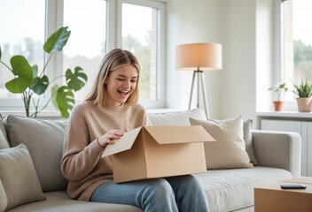 Young Woman Opening Package at Home – Smiling Female Customer with Delivery Box on Sofa for Online Shopping from Home Experiences