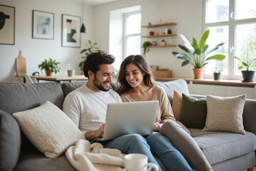 Young Couple Shopping Online - Smiling Man and Woman Using Laptop on Cozy Sofa for Online Shopping from Home
