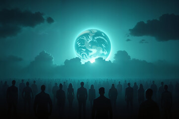 Earth Overpopulation Concept – Silhouette Crowd Against Glowing Blue Planet for Environmental Awareness, World Population Day Campaigns, and Sustainability Education