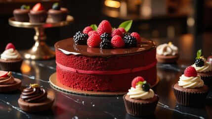 Valentine's Day Dessert Collection – Red Velvet Cake, Chocolate Mousse, and Strawberry Cupcakes for International Cake Day Celebrations and Baking Enthusiasts