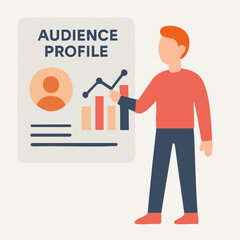 Flat Style Man Presenting Audience Profile with Graphic and Chart Illustration