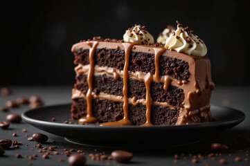 Decadent Chocolate Layer Cake Slice - Rich Caramel Drizzle and Whipped Cream Rosettes on Black Plate for International Cake Day Celebrations