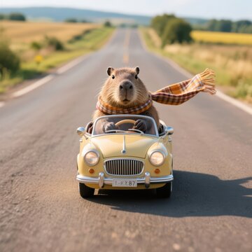 Fototapeta Capybara driving a classic yellow car down a long road with a checkered scarf around its neck, creating a whimsical and charming scene
