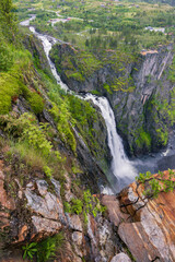 Majestic waterfall of Vøringfossen in a foggy day (Norway)