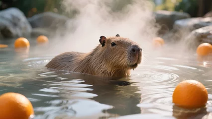 Captivating Capybara enjoying a soothing Hot Spring Bath with oranges in Japan, a serene depiction of relaxation and wildlife wonderment.