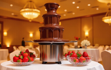 Chocolate Fountain with Fresh Strawberries – Three-Tier Fondue Station at Elegant Buffet for World Chocolate Day Celebrations and Dessert Party Displays