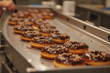Chocolate Glazed Donuts on Production Line – Fresh Bakery Treats with Sprinkles for World Chocolate Day Celebrations and Chocolate Factory Tours