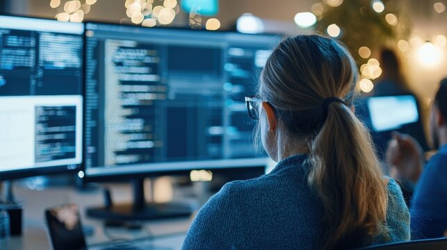 Woman programmer coding on multiple monitors at night