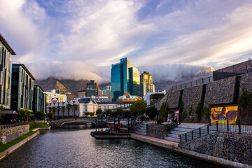 View from the canal at Battery Park over the high rise buildings of the Cape town City centre with...