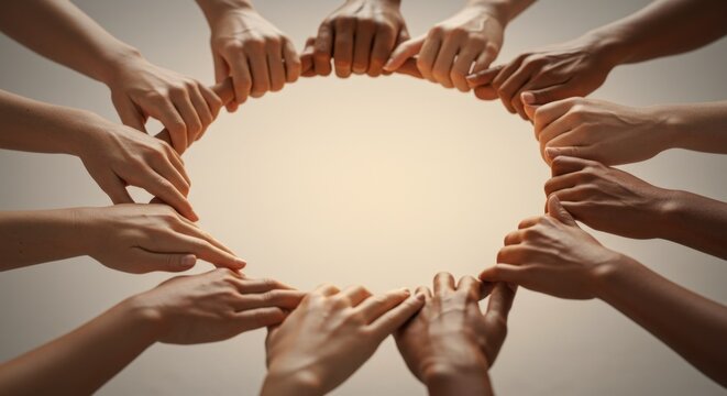 Diverse hands forming a circle symbol of unity and teamwork