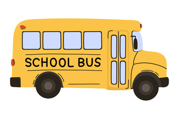 School bus vector illustration in flat cartoon style with yellow body, large windows, and black wheels — educational transportation clipart of classic yellow American school bus with bold "SCHOOL BUS"