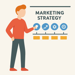Flat Style Illustration of Man Explaining Marketing Strategy Presentation Chart