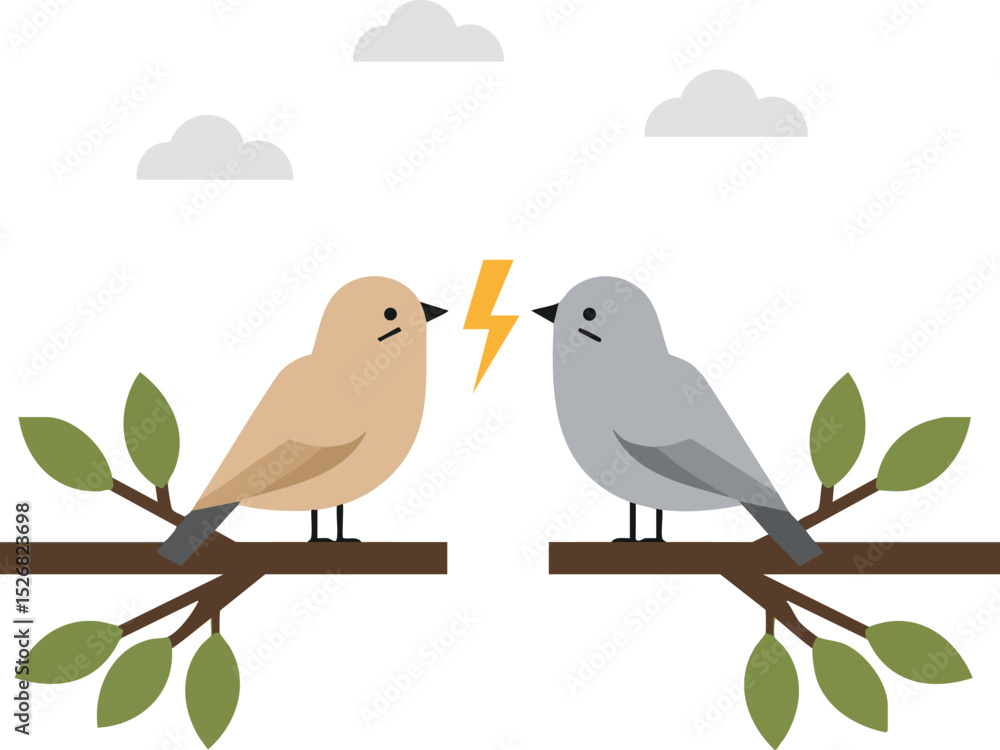 Poster two birds facing each other with lightning bolt symbolizing conflict on tree branches with green lea