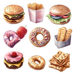 Collection of Watercolor Junk Food Items Isolated on a White Background