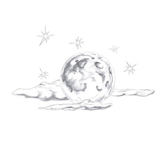 Moon on the background of clouds and stars. Isolated pencil illustration in a fairy-tale style for postcards, posters, printing on fabric and clothes, interior decoration of parties